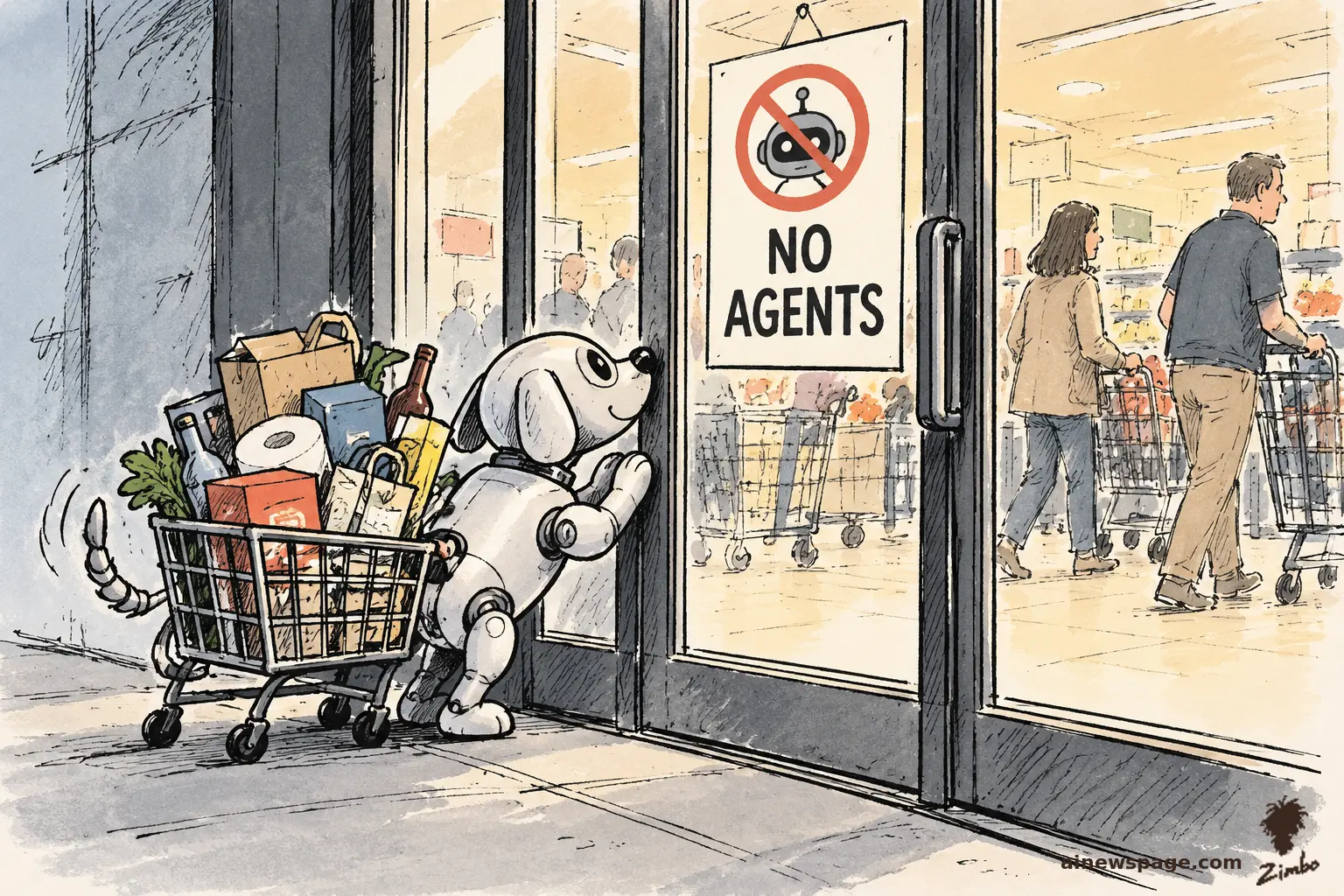 Satirical cartoon: a cheerful small robot dog with a shopping cart full of groceries presses its nose against a locked glass store door marked NO AGENTS while human shoppers move freely inside.