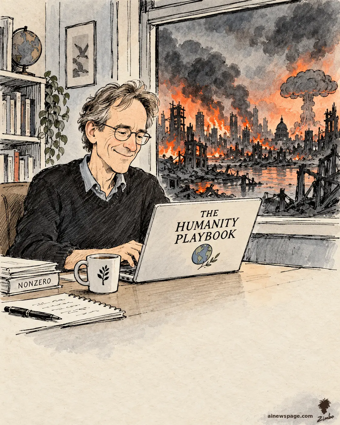AI cartoon by Zimbo: Satirical cartoon: a cheerful writer types THE HUMANITY PLAYBOOK on his laptop, a stack of NONZERO books beside him, while outside his window the city burns — flames, smoke, and a mushroom cloud on the horizon.