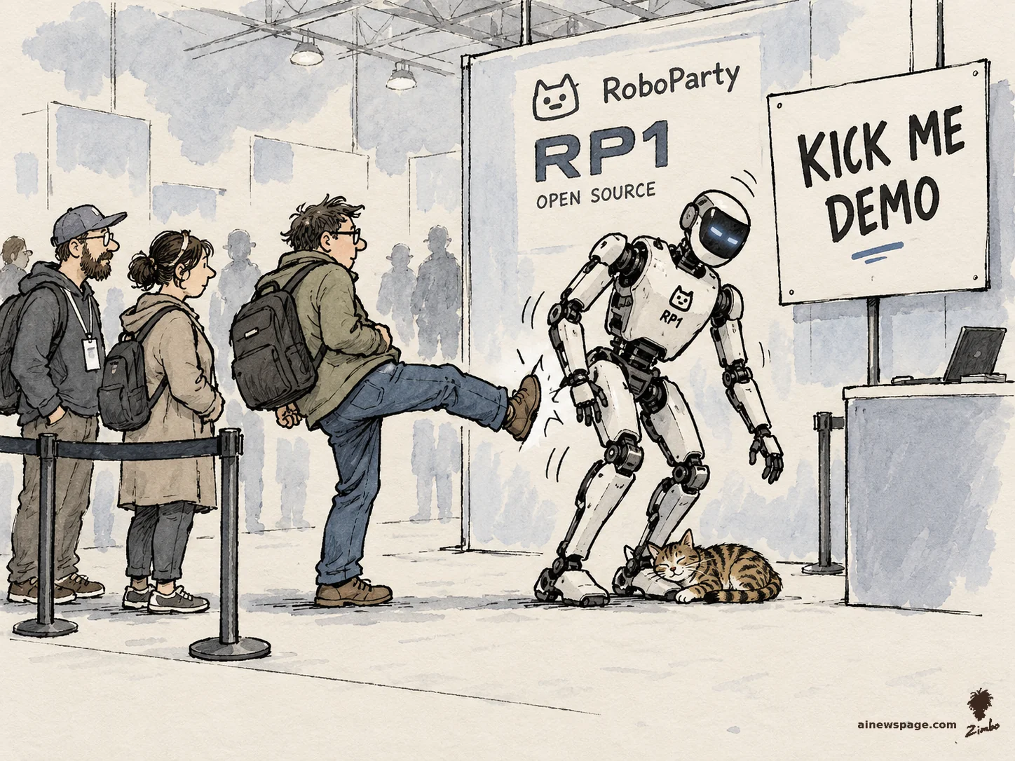 AI cartoon by Zimbo: Satirical cartoon: a visitor kicks humanoid robot RP1 at a KICK ME DEMO booth; the robot wobbles but keeps its balance while Issue the tabby cat naps at its foot.