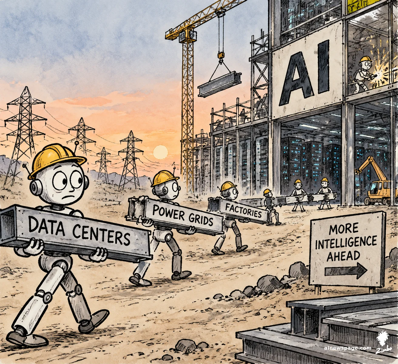 AI cartoon by Zimbo: Satirical cartoon: hard-hatted robots haul beams labeled DATA CENTERS, POWER GRIDS and FACTORIES toward a half-built AI building; a sign reads MORE INTELLIGENCE AHEAD.