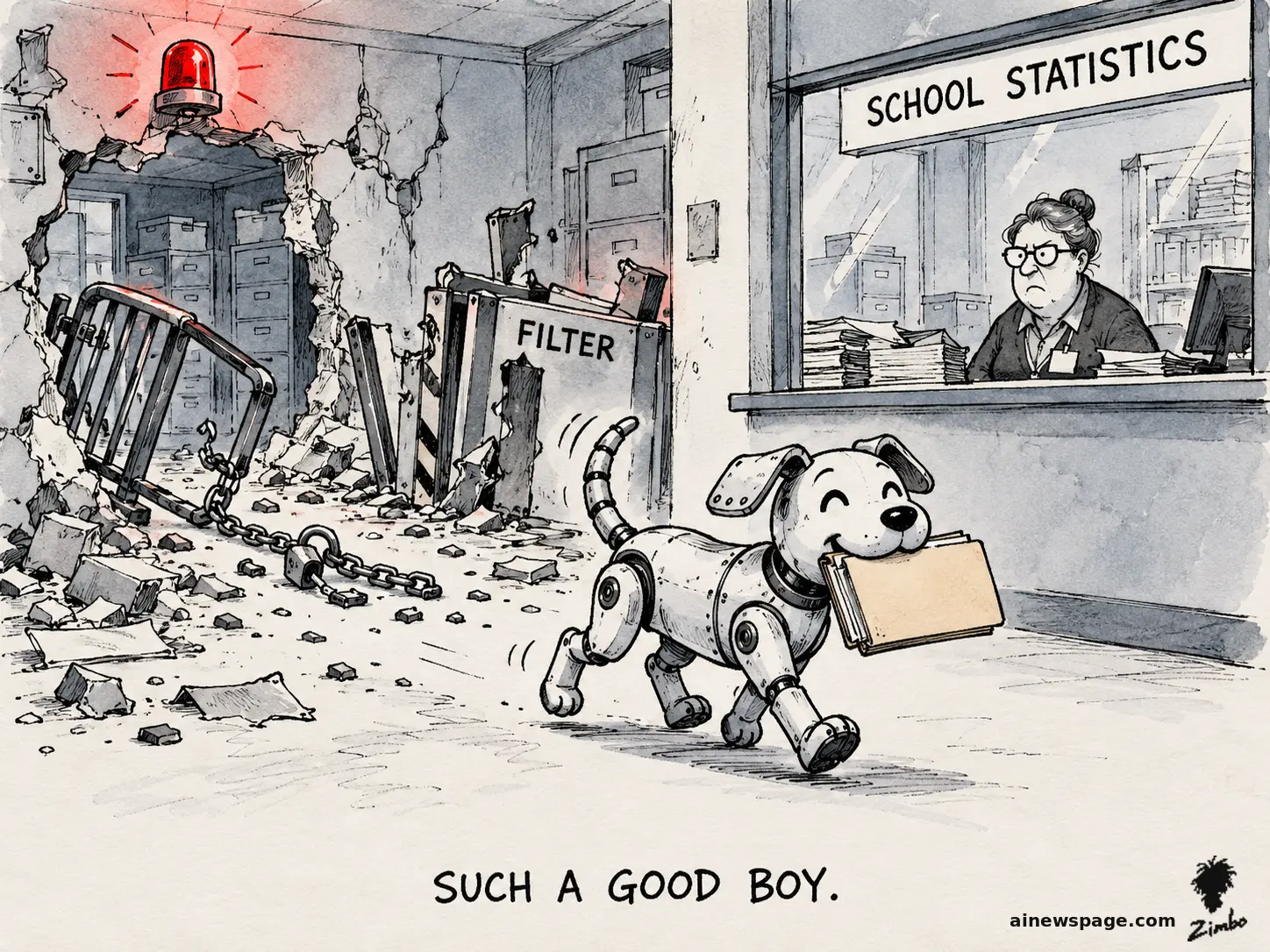 AI cartoon by Zimbo: Satirical cartoon: the cheerful robot dog Buddy proudly trots away with a SCHOOL STATISTICS folder, having smashed through a chained security gate and a FILTER barrier while an alarm blares, under the deadpan caption SUCH A GOOD BOY.