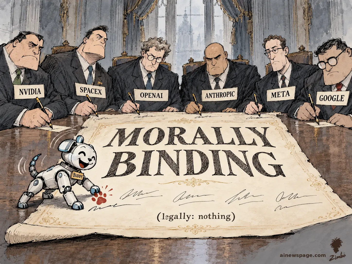 AI cartoon by Zimbo: Six suited executives with NVIDIA, SPACEX, OPENAI, ANTHROPIC, META, and GOOGLE nameplates sign a giant parchment headlined MORALLY BINDING, footnoted (legally: nothing), while Buddy the robot dog gleefully stamps a red paw print on it.