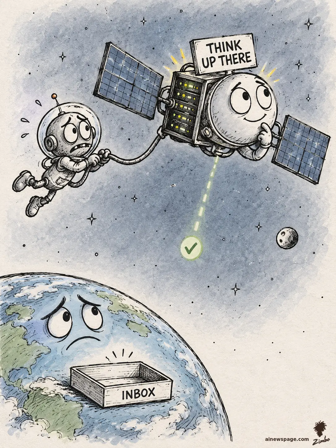 AI cartoon by Zimbo: Satirical cartoon: a cheerful satellite with a server-rack brain on its back holds a THINK UP THERE sign in orbit while a sad-faced Earth below waits with an empty INBOX tray; Merv the anxious robot watches nervously from a spacewalk.