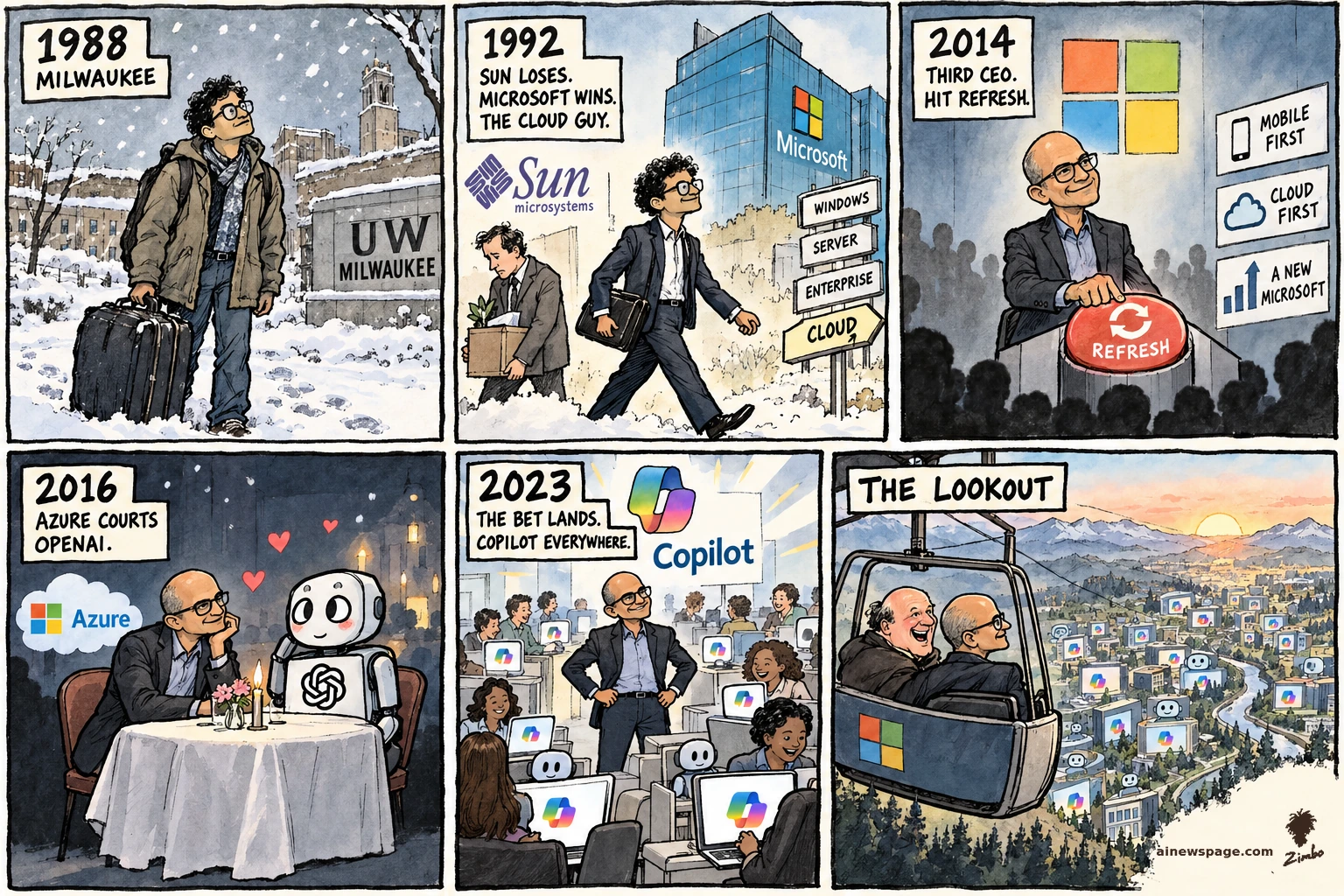 AI cartoon by Zimbo: Six-panel Sunday strip: Satya Nadella's arc — 1988 Milwaukee grad student, 1992 Sun→Microsoft climb, the 2014 HIT REFRESH button as third CEO, Azure courting an OpenAI robot, Copilot on every screen — ending at THE LOOKOUT with Steve Ballmer in a cable car above a Copilot-lit valley.