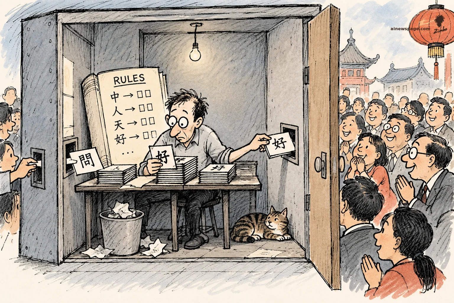 AI cartoon by Zimbo: Satirical cartoon: a bewildered man in the Chinese Room booth shuffles cards of real Chinese characters by a giant RULES rulebook, while crowds outside are convinced he speaks fluent Chinese; a tabby cat naps under the desk.