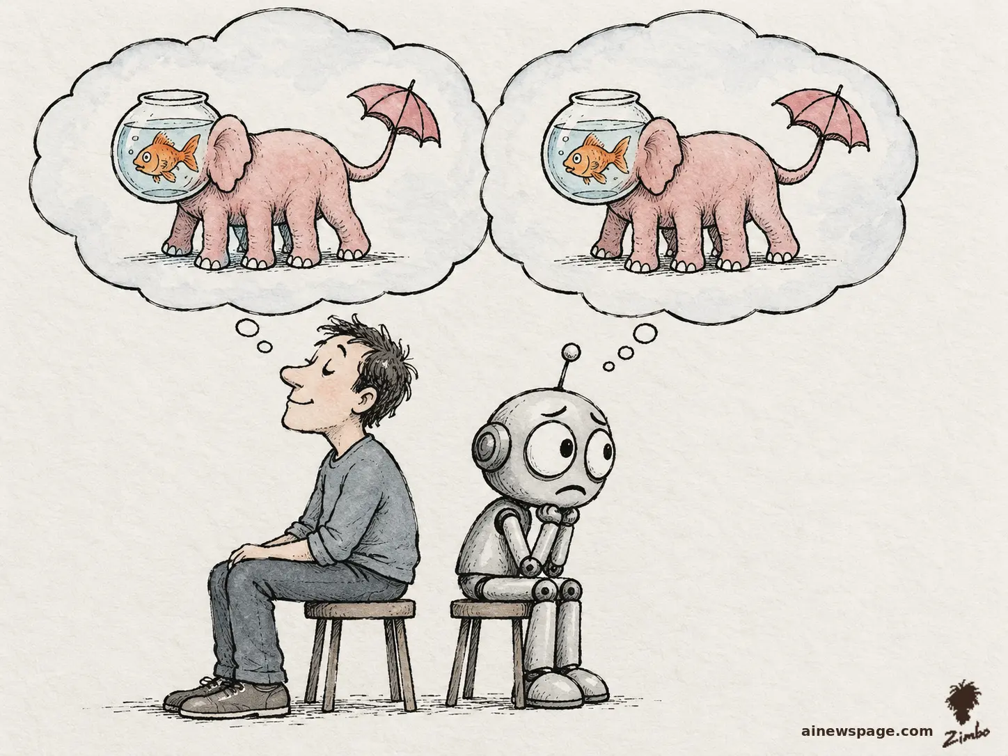 AI cartoon by Zimbo: Satirical cartoon: a calm human and a worried retro robot sit back to back, their two thought bubbles containing the exact same impossible creature — a pink elephant with a fishbowl head and an umbrella tail.
