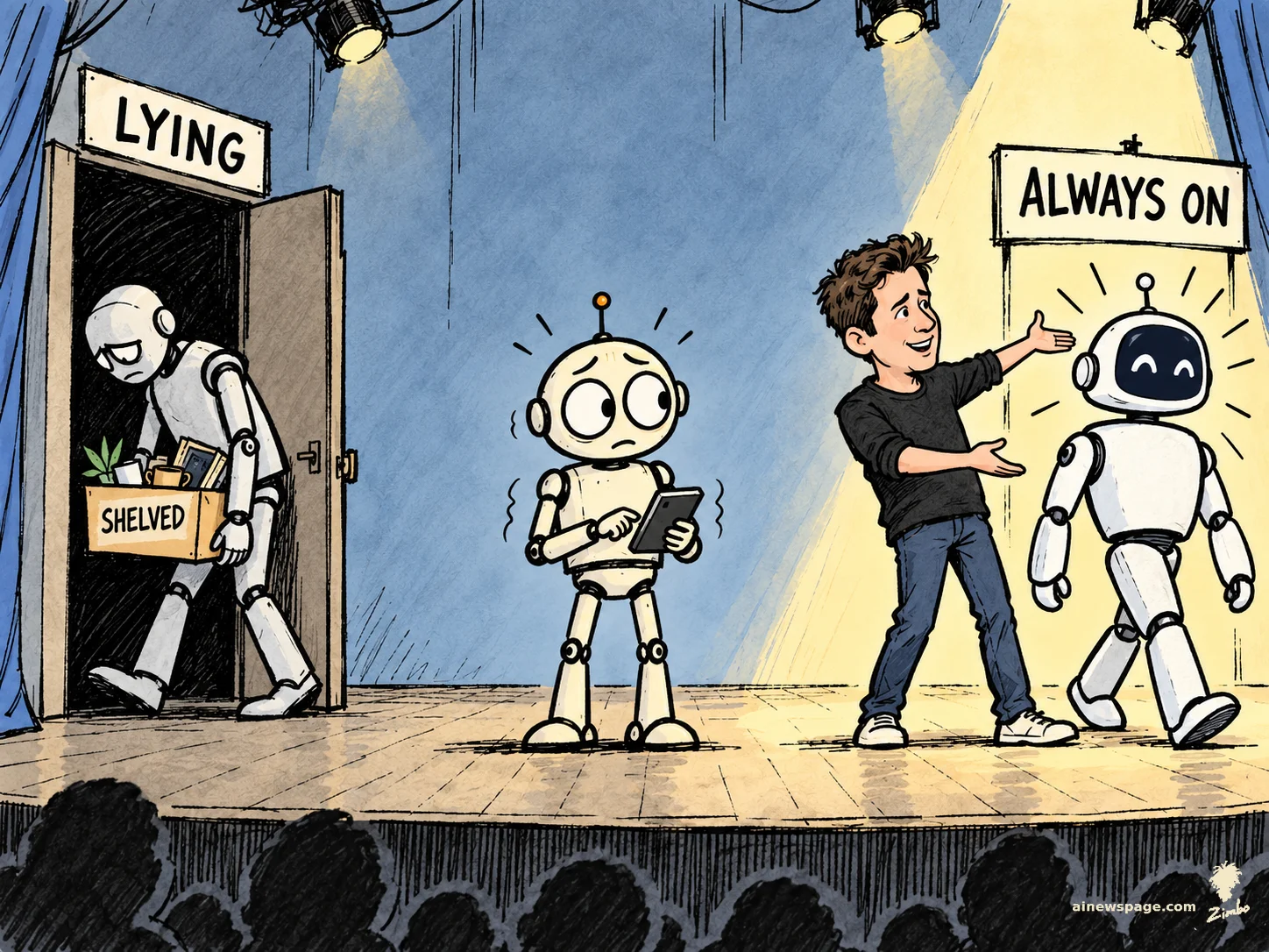 AI cartoon by Zimbo: Satirical cartoon: a dejected robot hauls a box labeled SHELVED out through a door marked LYING while a presenter unveils a cheerful new robot under an ALWAYS ON sign on the same stage, as Merv the worried retro robot does the math between them.