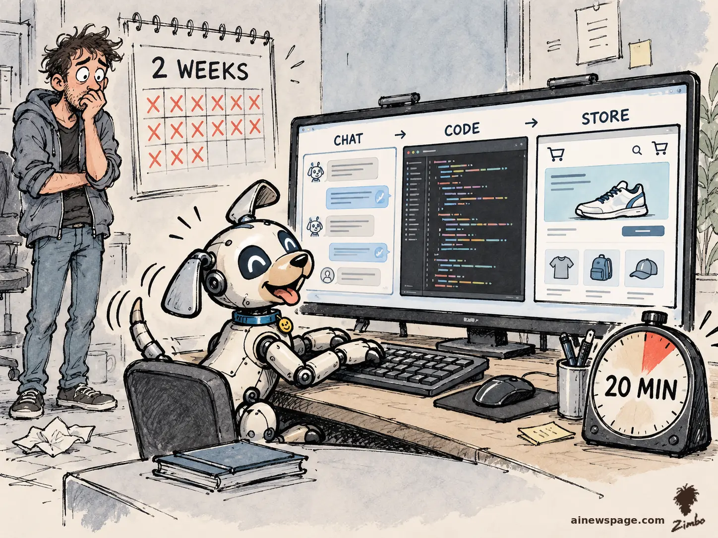 AI cartoon by Zimbo: Satirical cartoon: Buddy the cheerful retro robot dog frantically types at a keyboard before a monitor showing CHAT, CODE and STORE panels, a 20 MIN timer ticking on the desk, while a human developer watches nervously beside a wall calendar marked 2 WEEKS with crossed-out days.