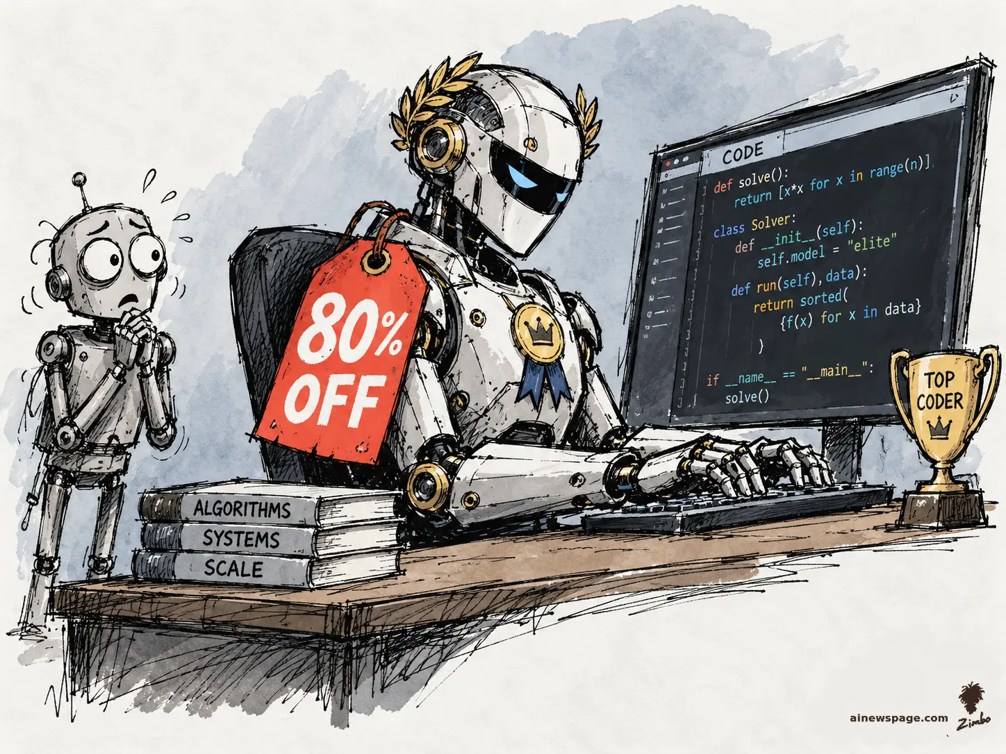 AI cartoon by Zimbo: A championship robot wearing a laurel wreath and winner's medal types code on a monitor while a bright red 80% OFF price tag hangs from its shoulder; a TOP CODER trophy stands beside the keyboard as a worried small robot frets nearby.