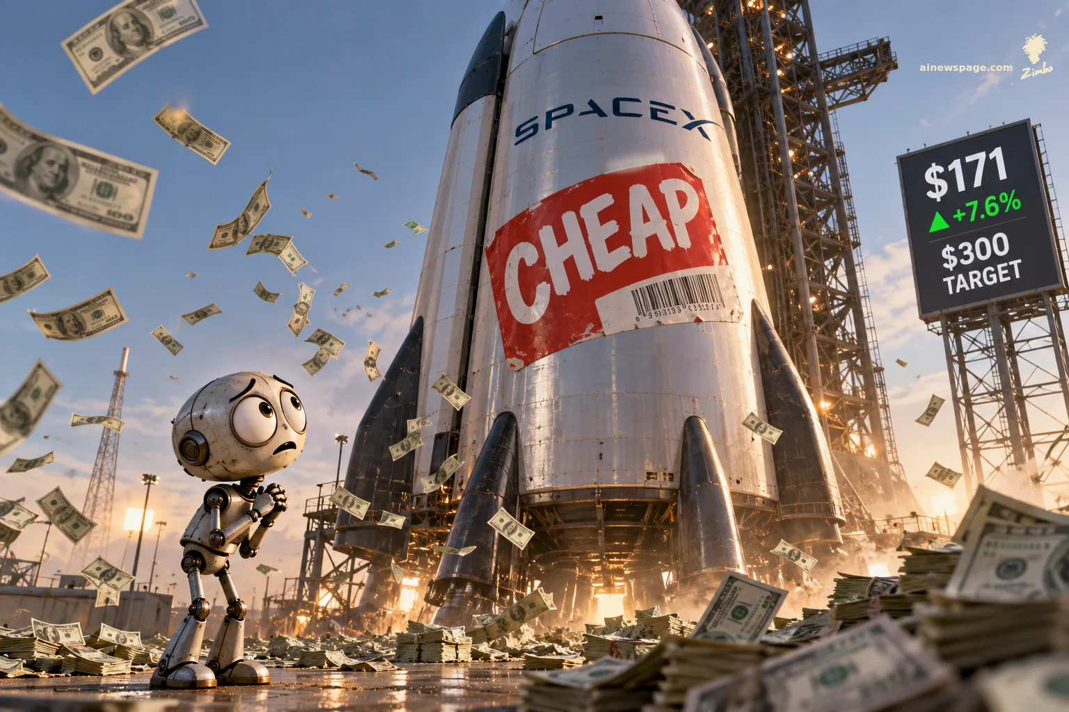 AI cartoon by Zimbo: Satirical cartoon: the worried pale-metal robot Merv stands dwarfed at the base of a colossal SpaceX rocket slapped with a giant red bargain-bin CHEAP sticker, cash piled everywhere; a ticker board reads $171, up 7.6%, with a $300 target.