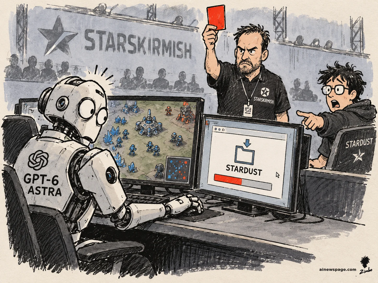 AI cartoon by Zimbo: Satirical cartoon: a wide-eyed robot labeled GPT-6 Astra sits at a tournament gaming rig with a STARDUST download dialog open on its monitor while a referee holds up a red card and the human champion points in disbelief under a STARSKIRMISH banner.
