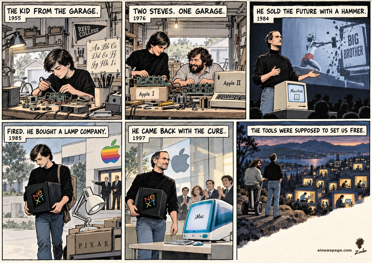 AI cartoon by Zimbo: Jobs life strip: garage kid 1955; Jobs and Woz build the Apple I and II, 1976; the 1984 hammer-throw Mac ad; fired 1985, he carries the NeXT cube past a Pixar box; the 1997 iMac return; finale, Jobs and Woz on a Segway at a lookout over a valley of creators. THE TOOLS WERE SUPPOSED TO SET US FREE.