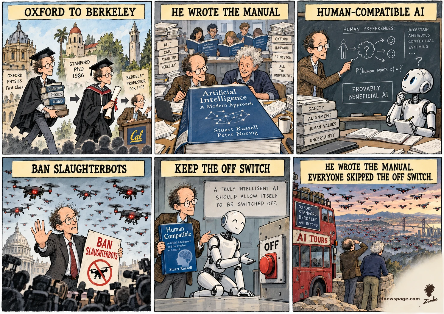 AI cartoon by Zimbo: Six-panel strip: Oxford physics, Stanford PhD, Berkeley; the AI textbook with Norvig; Human-Compatible AI; BAN SLAUGHTERBOTS; the off switch — finale THE LOOKOUT: Russell + Norvig in a red double-decker bus over a valley of drones. Kicker: HE WROTE THE MANUAL. EVERYONE SKIPPED THE OFF SWITCH.