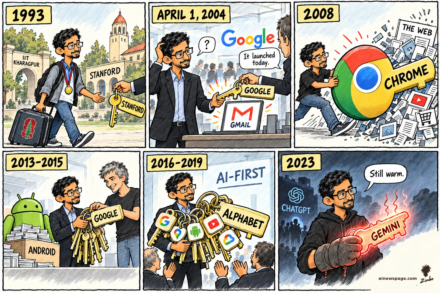 AI cartoon by Zimbo: Six-panel Sunday strip: Sundar Pichai collects ever-larger keys through his career — a 1993 Stanford key, a Gmail-era Google key, a giant Chrome key, an Android bundle, an armful of Alphabet product keys — ending in 2023 gripping a glowing red-hot GEMINI key: ‘Still warm.’