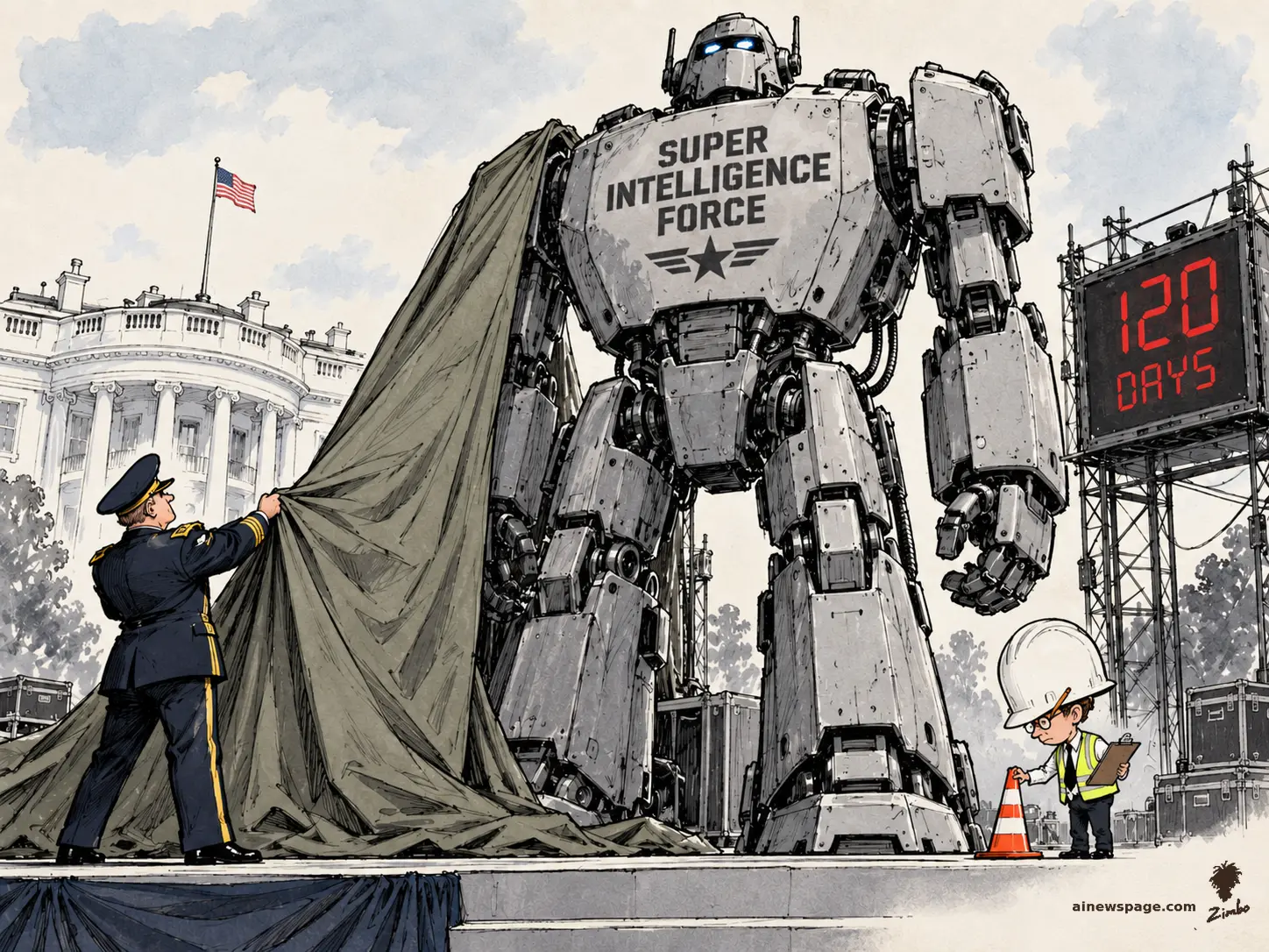 AI cartoon by Zimbo: A uniformed officer pulls a tarp off a towering robot stamped SUPER INTELLIGENCE FORCE on the White House lawn beside a red 120 DAYS countdown clock, while a tiny safety inspector in an oversized hard hat places a traffic cone at the robot's foot.