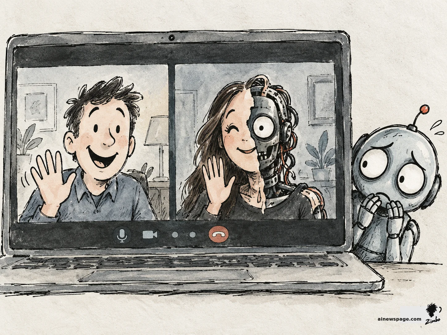 AI cartoon by Zimbo: Satirical cartoon: on a laptop video call, a cheerful man waves hello while the other tile shows a woman whose face is half human and half exposed robot with dangling wires; Merv the anxious robot peeks from beside the laptop, fretting.