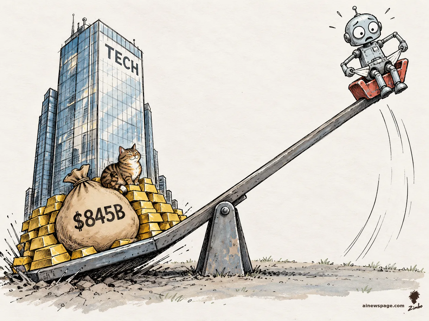 AI cartoon by Zimbo: Satirical cartoon: a playground seesaw slammed down on the heavy left end by a glass tower labeled TECH piled with gold bars and a $845B money bag, while a worried robot (Merv) sits in the empty bucket launched skyward with pockets turned out; a tabby cat sits on the gold.