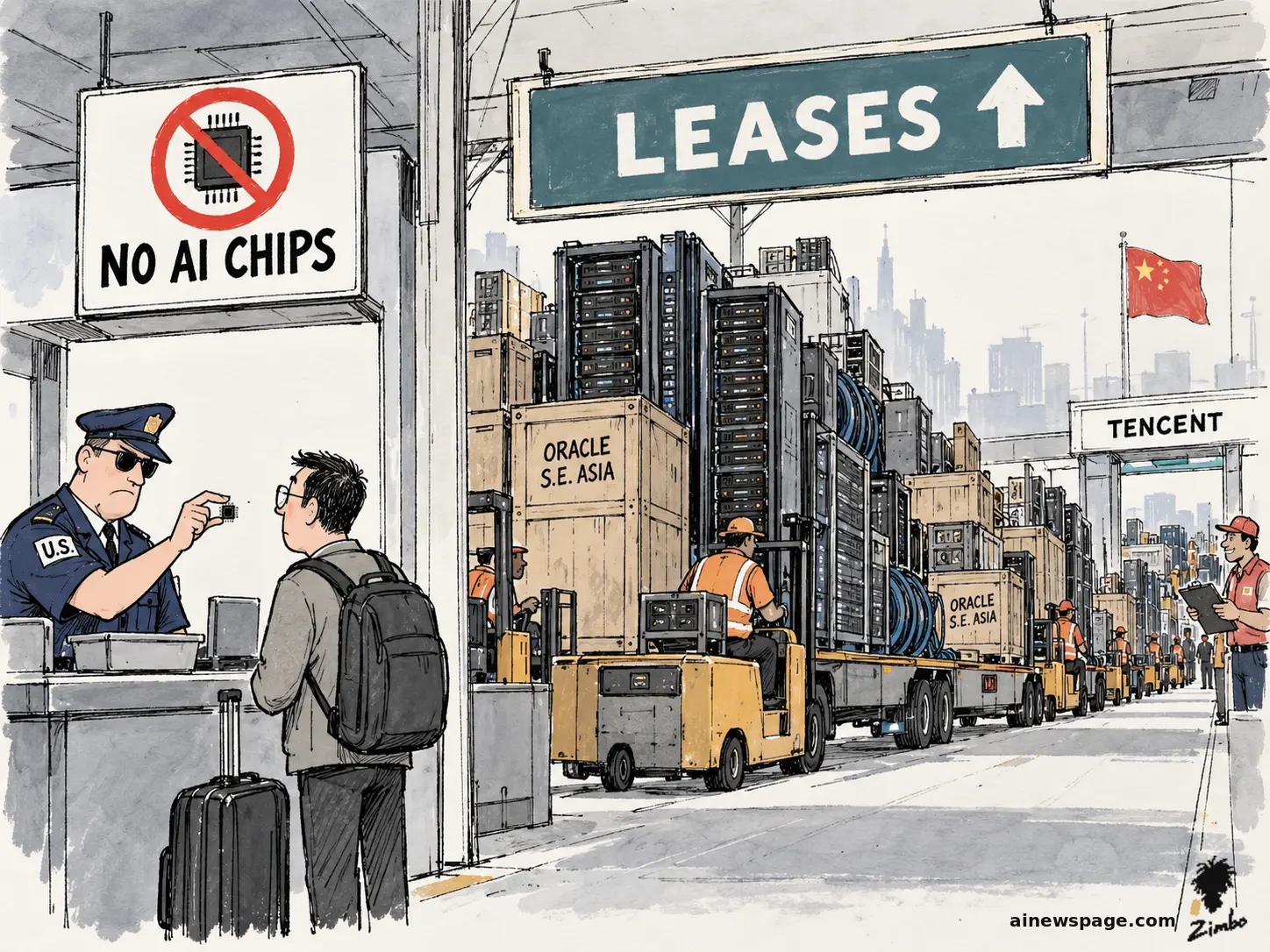 AI cartoon by Zimbo: Satirical cartoon: a U.S. customs officer seizes a single AI chip from a traveler under a NO AI CHIPS sign while forklifts haul whole ORACLE S.E. ASIA server racks through a LEASES gate into a Tencent compound.