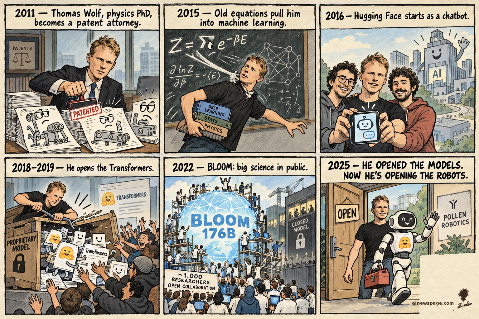 AI cartoon by Zimbo: Six-panel strip: Thomas Wolf stamps PATENTED on machine drawings; his equations pull him into ML; three founders start Hugging Face as a chatbot; he opens the PROPRIETARY MODEL crate, Transformers pour out; BLOOM 176B built in public; 2025 kicker: HE OPENED THE MODELS. NOW HE'S OPENING THE ROBOTS.