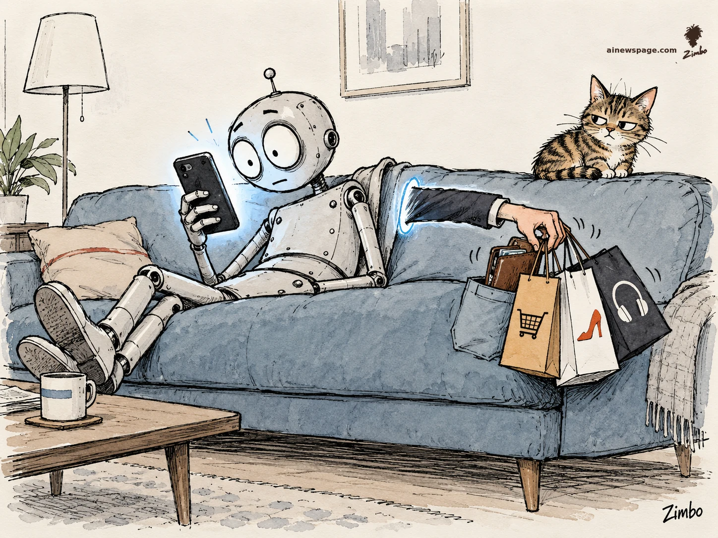 AI cartoon by Zimbo: Satirical cartoon: the worried pale-metal robot Merv lounges on a couch, mesmerized by his glowing phone, while a suited arm reaches out of the screen holding his wallet and dangling three shopping bags; the tabby cat Issue watches knowingly from the couch back.