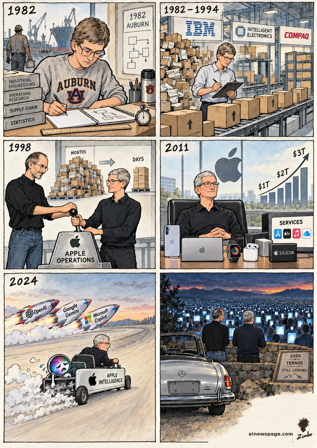 AI cartoon by Zimbo: Six-panel Sunday strip: Tim Cook — 1982 Auburn ops student, IBM grind, 1998 Jobs hands him the operations lever (MONTHS→DAYS), the $1T→$3T throne, 2024's Apple Intelligence soapbox car losing to AI rockets — ending at THE LOOKOUT with Jobs in the plateless Mercedes above a valley of glowing screens.