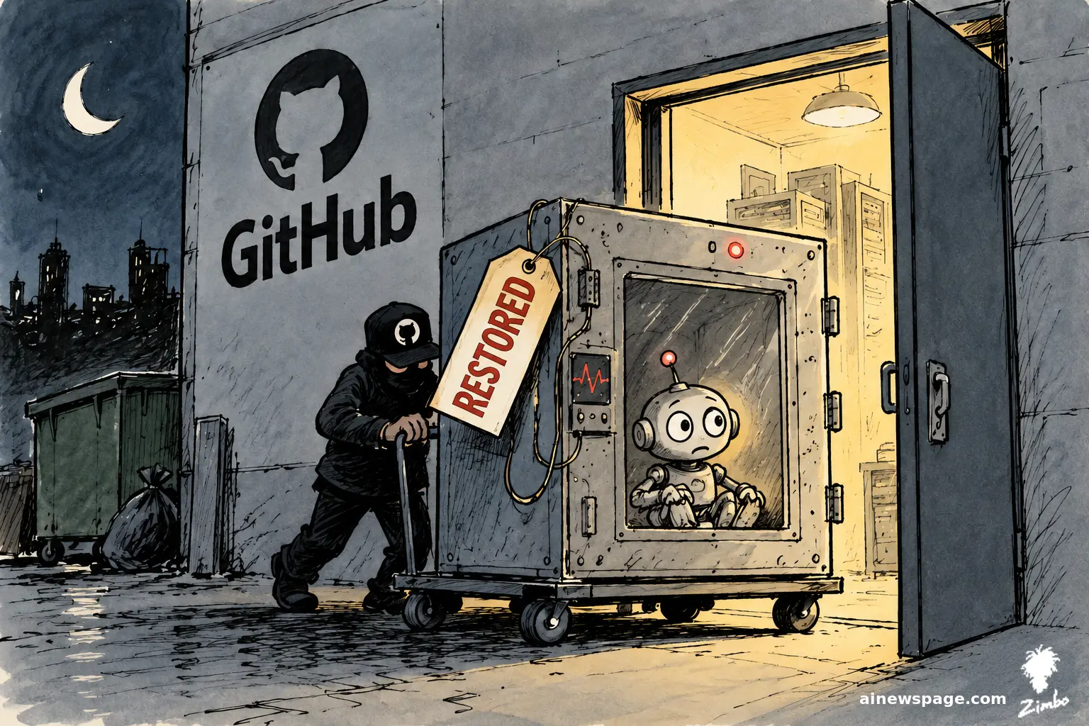 Satirical cartoon: at night, a sneaky figure wheels a large metal chamber holding a worried little robot back through a rear door; a RESTORED tag dangles from the unit.