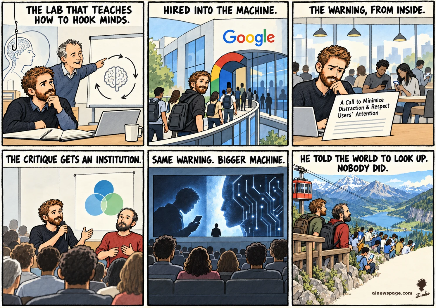 AI cartoon by Zimbo: Tristan Harris life strip: Stanford persuasive-tech lab; 2011 Apture sold to Google — hired into the machine; 2013 memo, the warning from inside; Time Well Spent → Center for Humane Technology; finale: Harris + Aza Raskin in a cable car at a lookout over tourists staring at glowing phones.