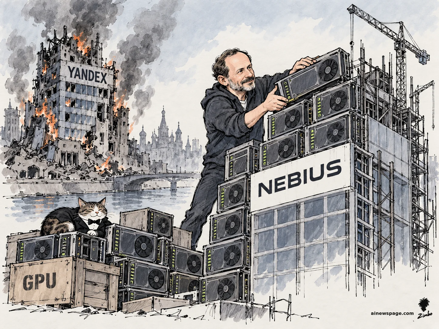 AI cartoon by Zimbo: A founder lays GPU chips like bricks into a rising tower labeled NEBIUS while the old YANDEX building burns behind him; a tuxedo cat naps on the GPU crates.