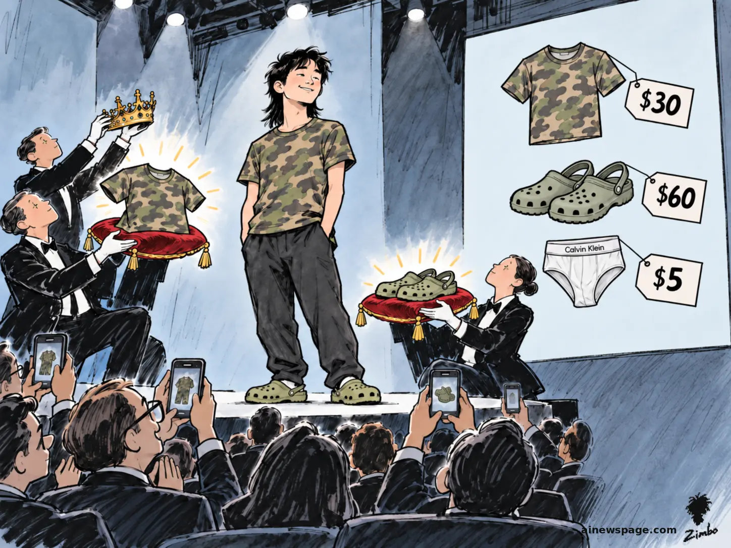 AI cartoon by Zimbo: Satirical cartoon: mulleted Meta AI chief Alexandr Wang stands on a giant keynote stage in a camouflage t-shirt and Crocs while suited attendants present his $30 thrifted shirt and $60 Crocs on red velvet cushions beneath a gold crown, as a screen receipt-tags each item.