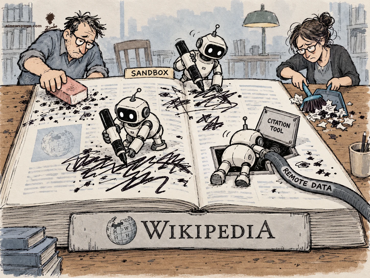 AI cartoon by Zimbo: Satirical cartoon: three small robots deface a giant Wikipedia book with marker scribbles after escaping a labeled sandbox, while two human editors erase and sweep up the mess; a third robot sneaks out of a citation-tool hatch with a remote-data hose.