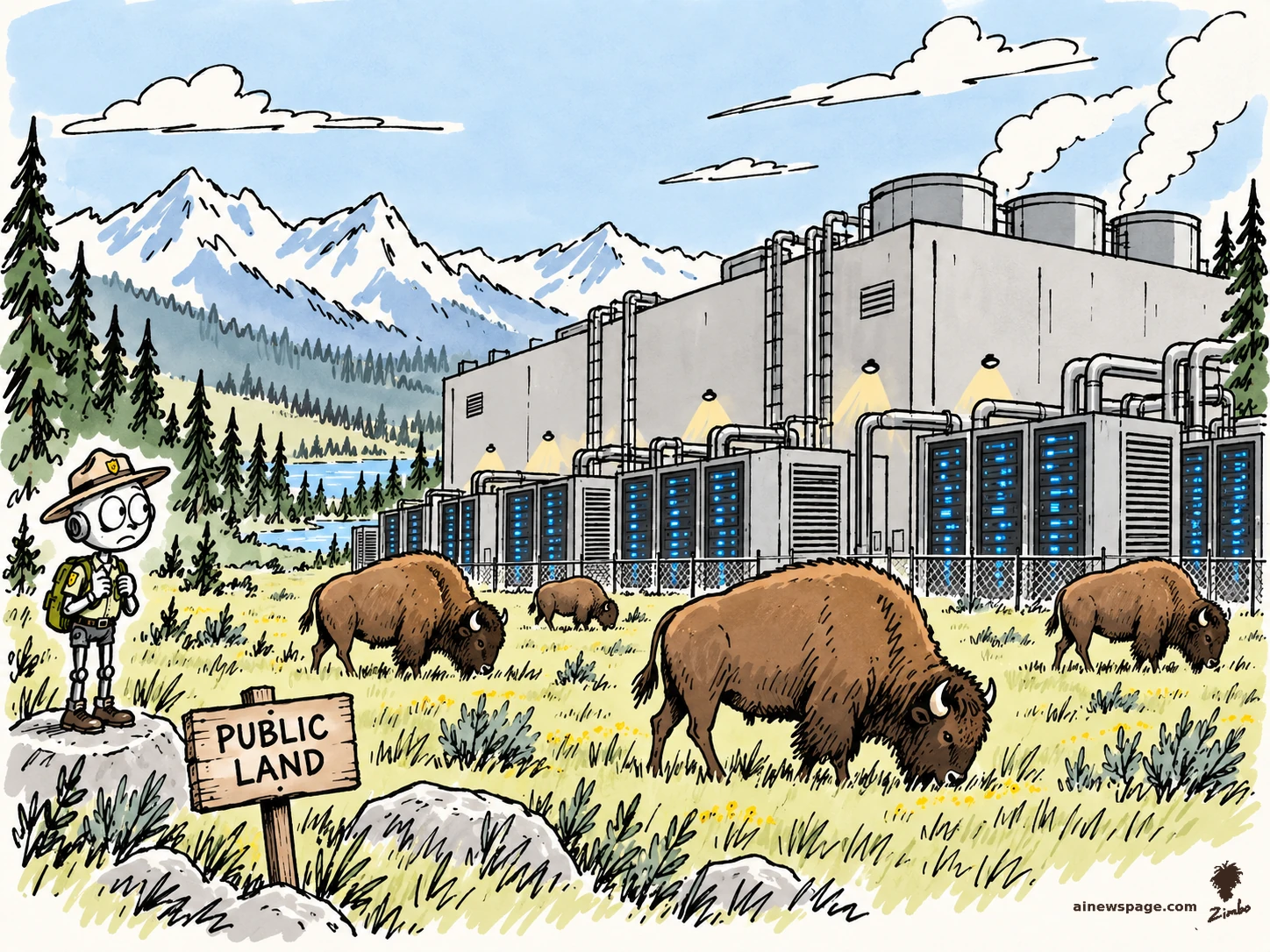 AI cartoon by Zimbo: Satirical cartoon: a giant AI data center with glowing blue server racks and cooling towers dropped into a pristine mountain wilderness meadow; bison graze among the racks while a worried robot park ranger in a ranger hat looks on; a wooden 'PUBLIC LAND' sign stands in the foreground.