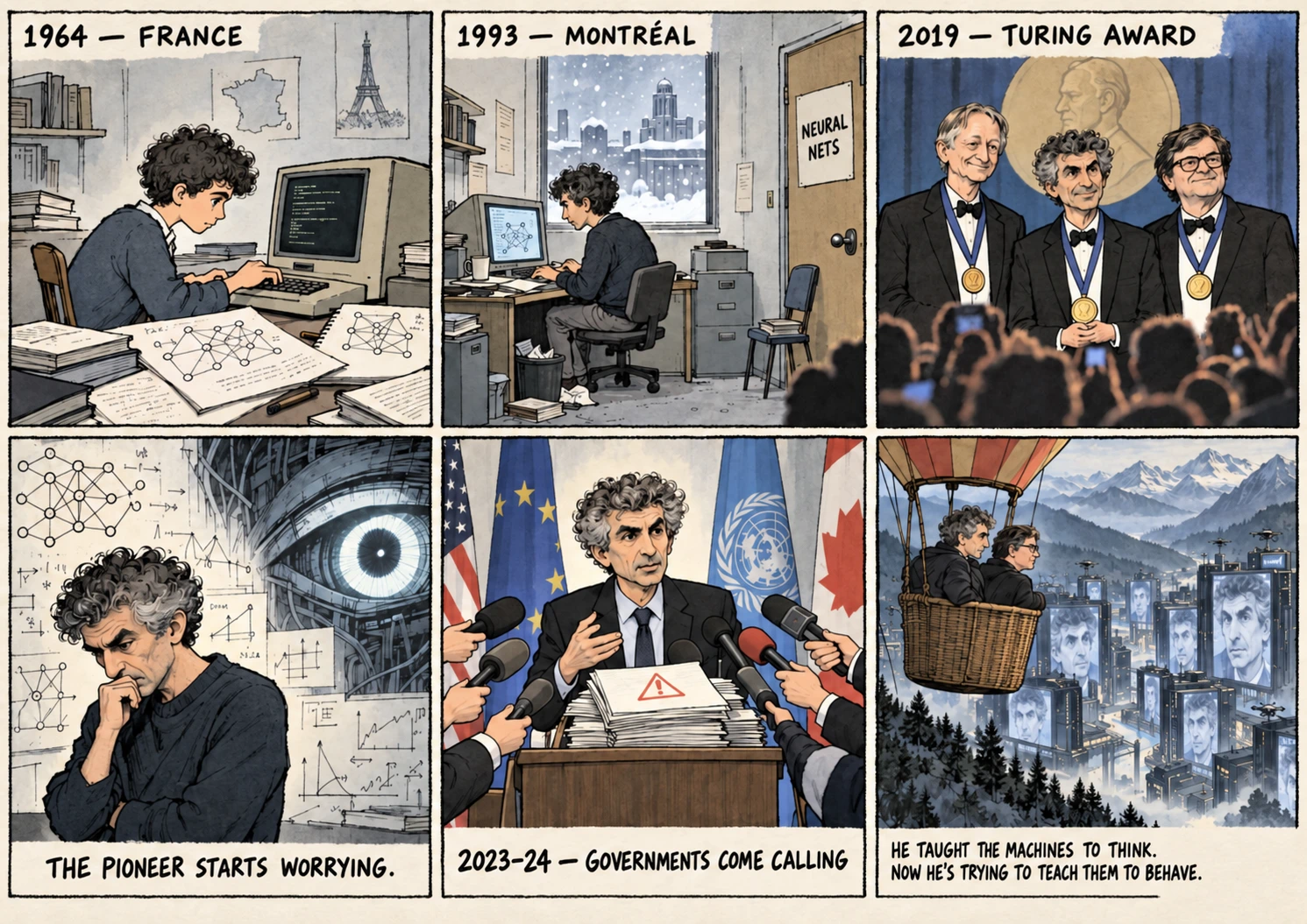AI cartoon by Zimbo: Yoshua Bengio life strip: 1964 France at a terminal; 1993 Montréal NEURAL NETS beachhead; 2019 Turing Award with Hinton and LeCun; 2023 pivot — THE PIONEER STARTS WORRYING under a giant AI eye; governments come calling; finale: Bengio + LeCun in a hot-air balloon over machines glowing with his face.