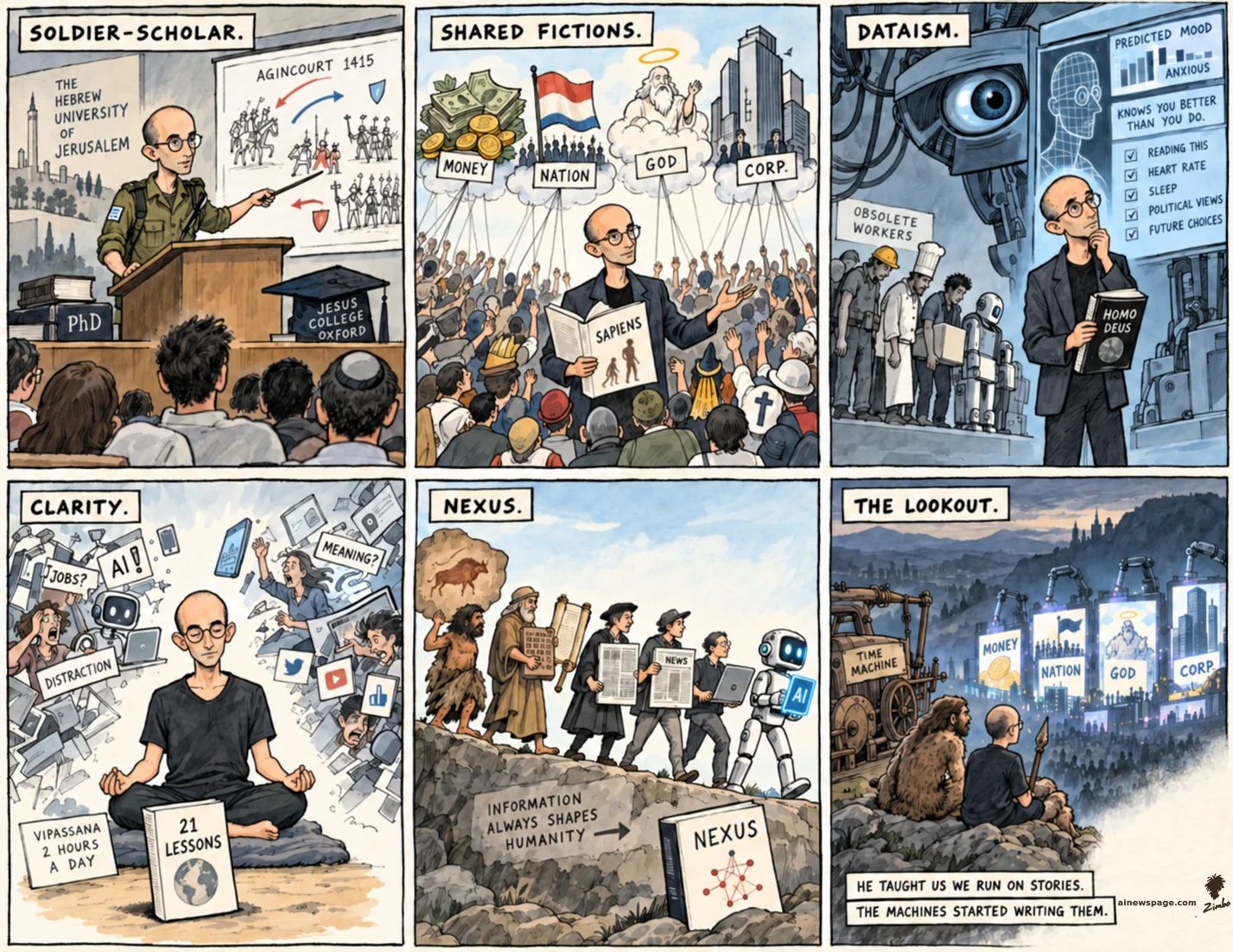 AI cartoon by Zimbo: Six-panel strip: soldier-scholar lectures Agincourt; Sapiens' shared fictions (money, nation, god, corp); Homo Deus dataism; 21 Lessons meditation guru; Nexus, information through the ages; THE LOOKOUT finale: Harari and a Neanderthal by time machine gaze at screens writing the stories.