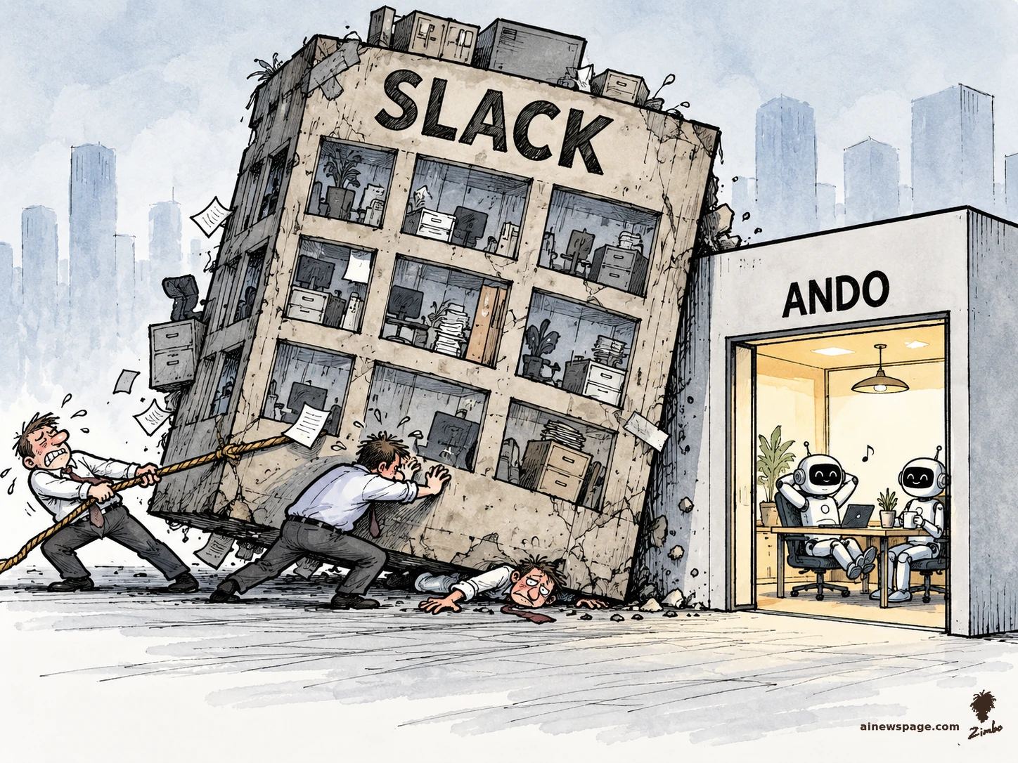 AI cartoon by Zimbo: Satirical cartoon: two exhausted workers drag a giant crumbling office building labeled SLACK into a cozy doorway labeled ANDO, where two relaxed robots lounge with their feet up.