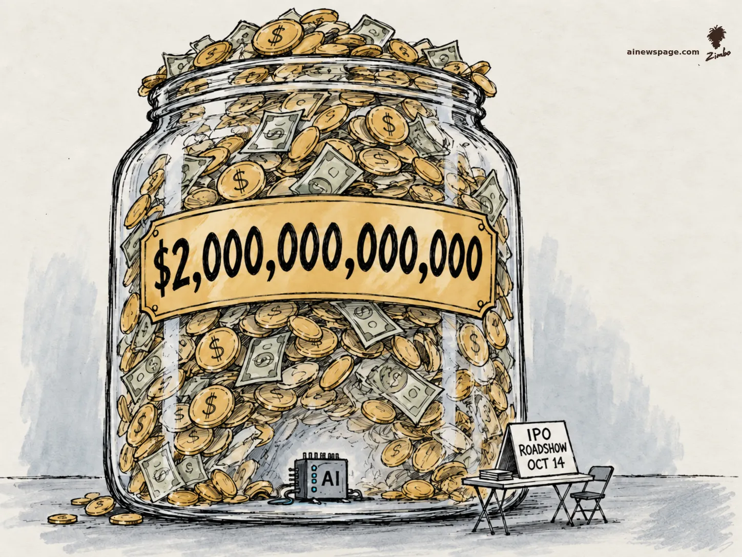 AI cartoon by Zimbo: Satirical cartoon: an enormous glass jar labeled $2,000,000,000,000 overflows with coins and bills, dwarfing a tiny AI server and a folding-table IPO ROADSHOW OCT 14 booth.