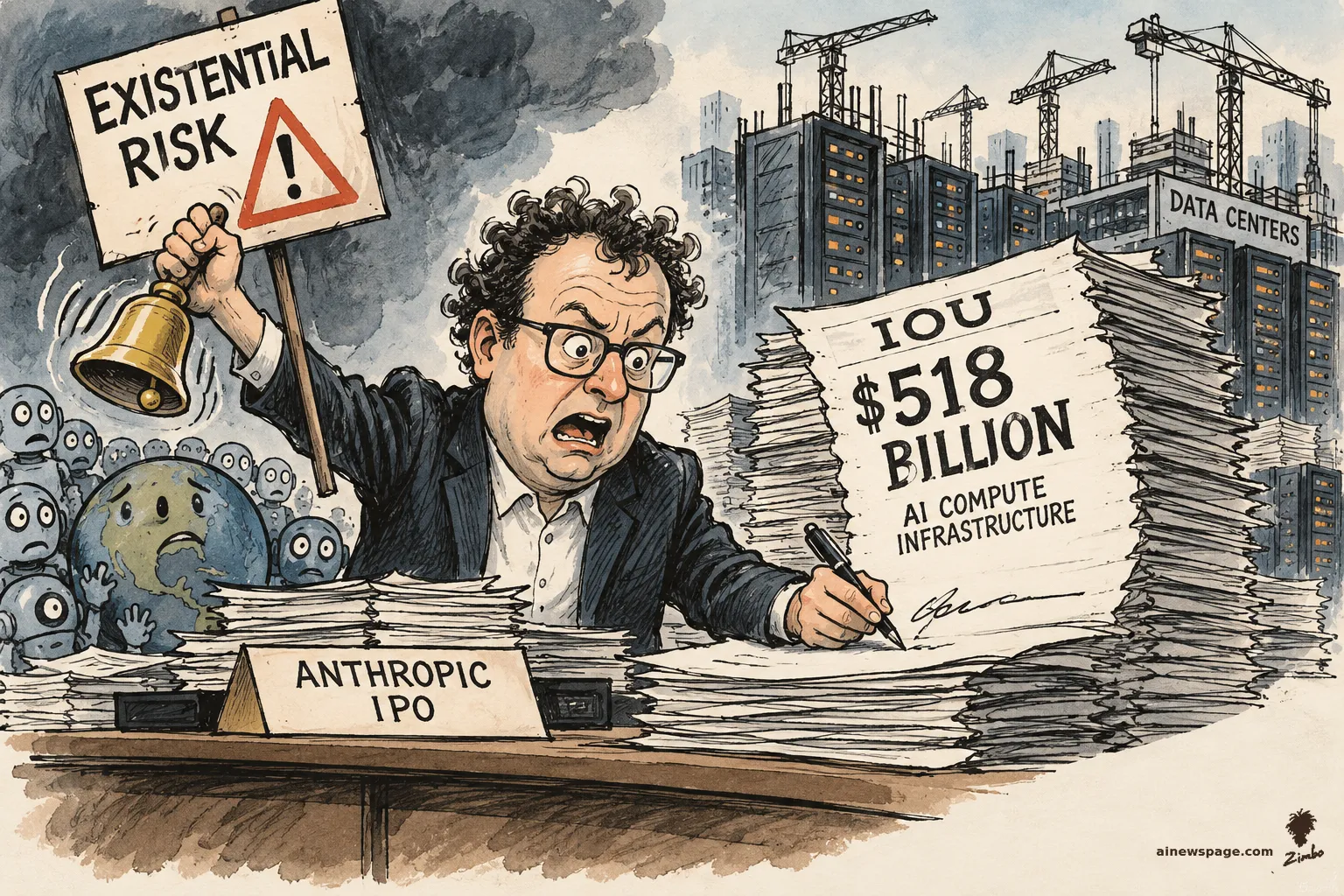 AI cartoon by Zimbo: Satirical cartoon: a caricature of Anthropic CEO Dario Amodei rings a handbell under an 'EXISTENTIAL RISK' placard while signing a towering 'IOU $518 BILLION — AI COMPUTE INFRASTRUCTURE' stack, at an 'ANTHROPIC IPO' desk, as worried robots, a sad Earth, and a data-center construction site look on.
