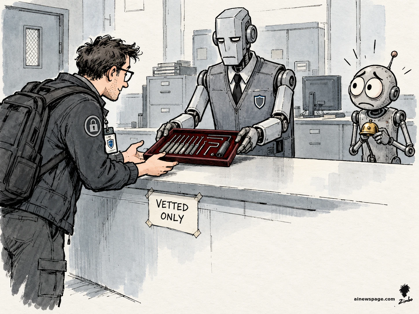 AI cartoon by Zimbo: Satirical cartoon: a solemn vest-and-tie robot clerk hands a velvet case of lockpicks across a counter to an eager vetted recipient beneath a VETTED ONLY sign, while Merv, a small worried robot, watches in alarm clutching a bell.
