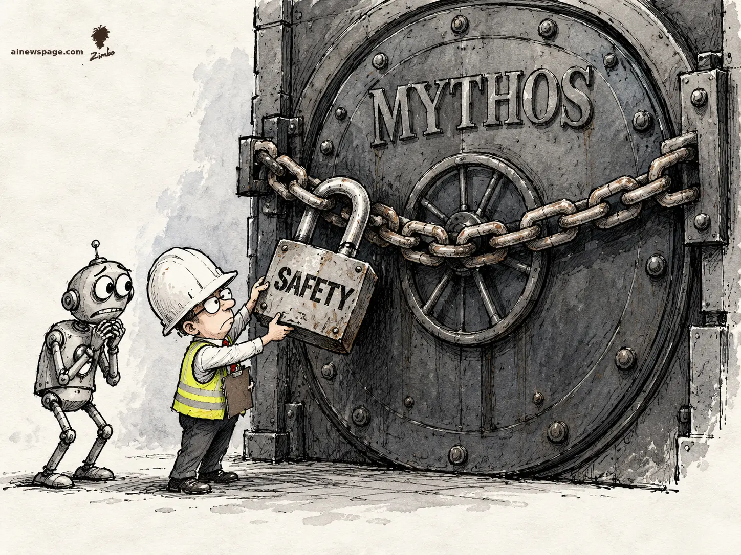 AI cartoon by Zimbo: Satirical cartoon: the tiny Safety Guy — oversized white hard hat, hi-vis vest, clipboard at his hip — solemnly lifts a padlock stenciled SAFETY off the chain of a towering riveted vault door labeled MYTHOS, while Merv, a small hunched robot with worried eyes, watches with hands clasped in alarm.