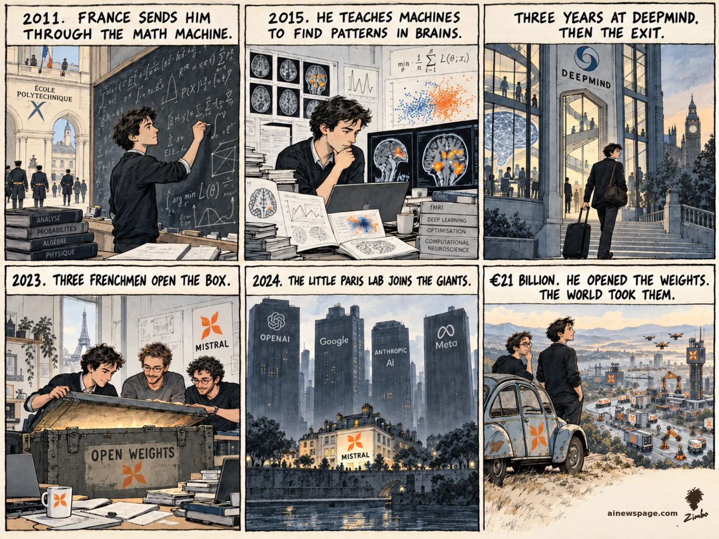 AI cartoon by Zimbo: Six-panel Arthur Mensch life strip. 2011: Ecole Polytechnique. 2015: brain scans. Three years at DeepMind, then the exit. 2023: three men open the OPEN WEIGHTS box. 2024: Paris joins the giants. Lookout finale: Citroen 2CV above a valley of drones and trucks running his open weights.
