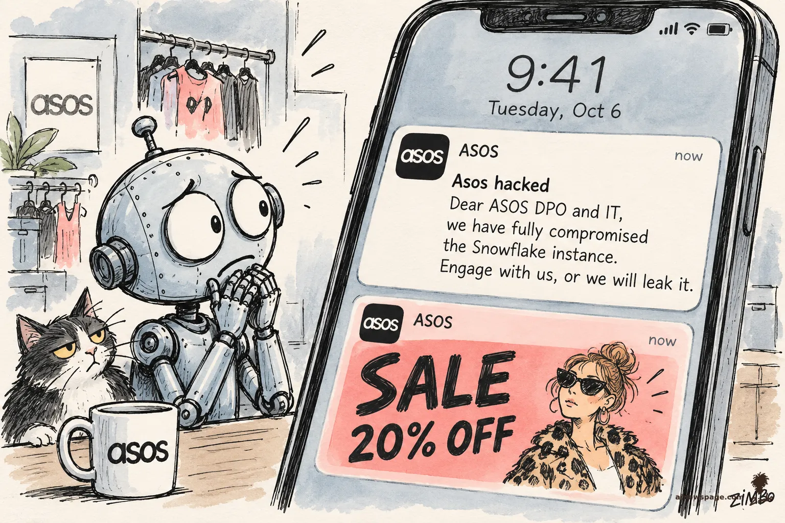 AI cartoon by Zimbo: Hand-drawn ink cartoon: a giant smartphone shows the Asos app notification carrying the hackers' demand, 'we have fully compromised the Snowflake instance', above a cheerful SALE 20% OFF banner; Merv the worried robot stares at the phone, Issue the cat beside him.