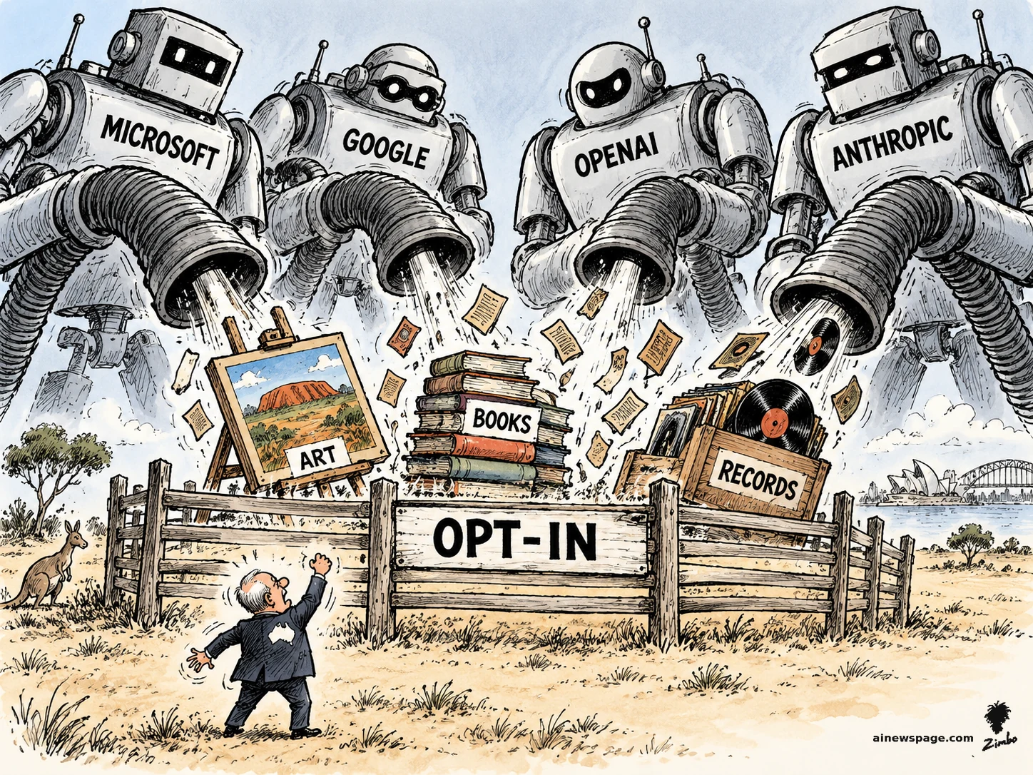 AI cartoon by Zimbo: Satirical cartoon: four giant robots labeled MICROSOFT, GOOGLE, OPENAI and ANTHROPIC vacuum-suck Australian paintings, books and records over an 'OPT-IN' fence while a tiny politician shakes a fist, kangaroo and Sydney Opera House behind.