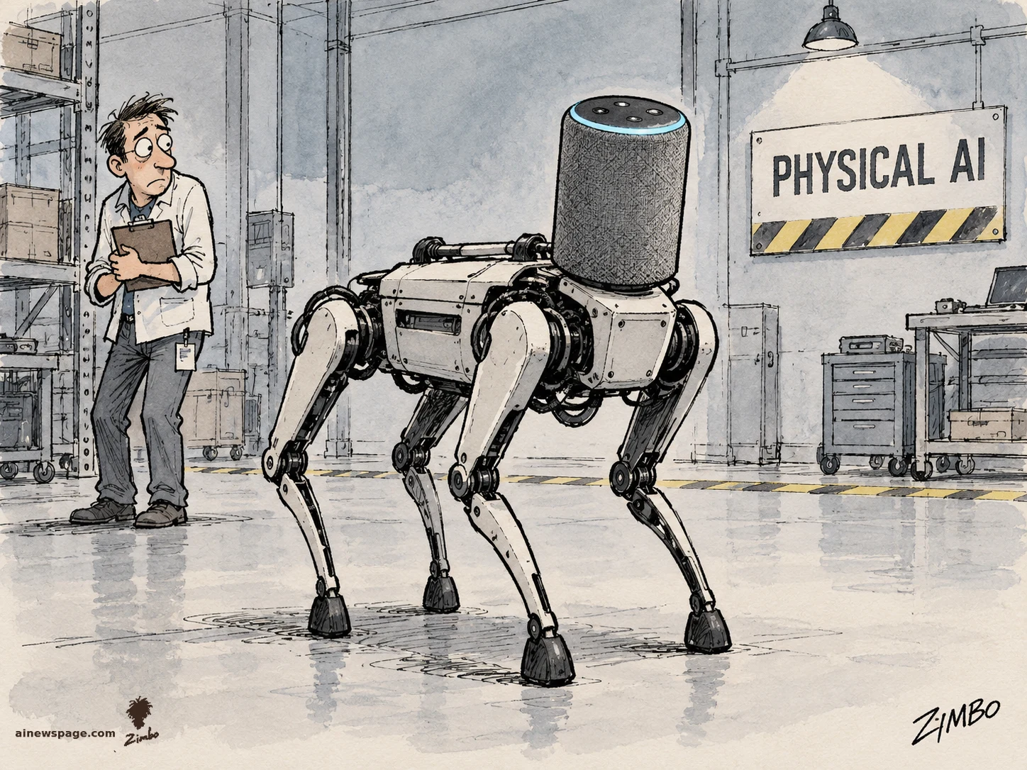AI cartoon by Zimbo: Satirical cartoon: a Boston Dynamics robot dog with an Amazon Echo smart speaker for a head stands in a warehouse under a PHYSICAL AI sign, while a worried engineer watches.