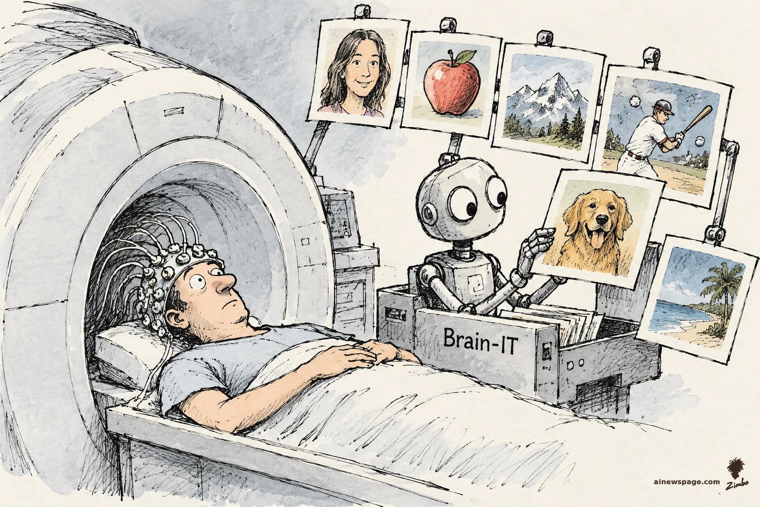 Satirical cartoon: a wide-eyed patient in an fMRI scanner wearing an EEG cap, wired to a robot that proudly prints photos of his thoughts — a woman's face, an apple, a mountain, a baseball player, a dog, a beach.