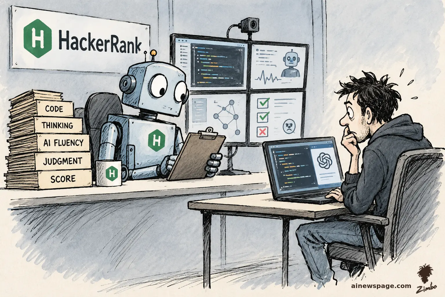 AI cartoon by Zimbo: Ink-and-wash cartoon: a HackerRank-logo robot interviewer with a clipboard grades folders labeled CODE, THINKING, AI FLUENCY, JUDGMENT and SCORE while a nervous human candidate sweats at a laptop.