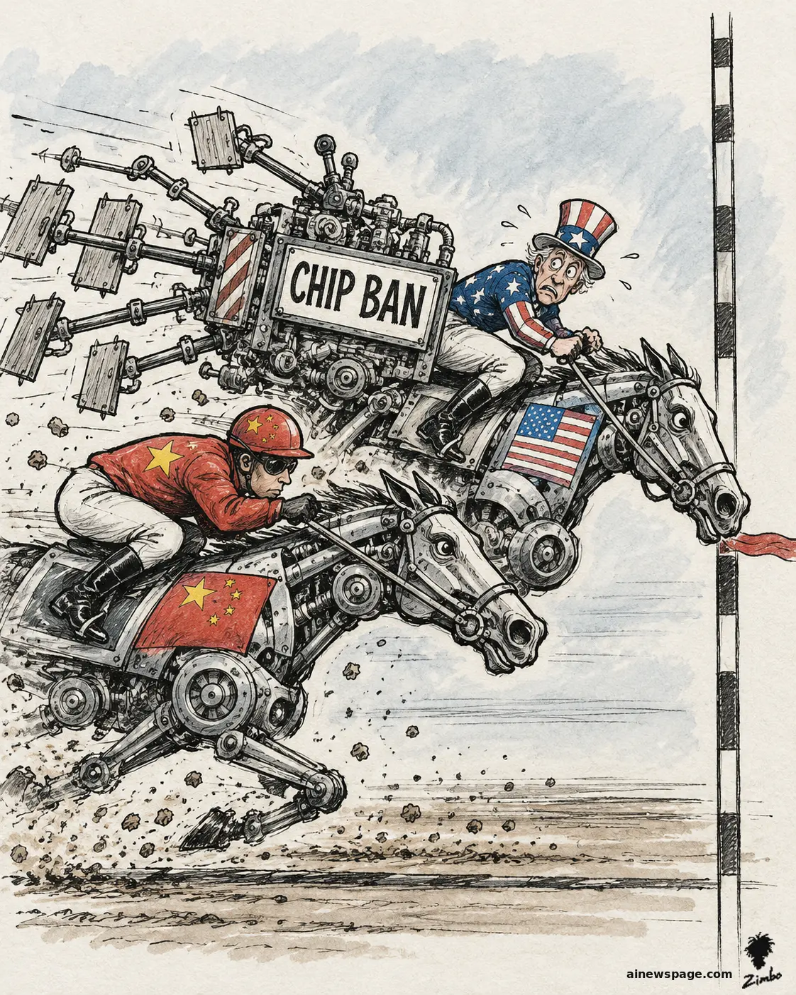 AI cartoon by Zimbo: Satirical cartoon: a panicked Uncle-Sam-hatted jockey rides a US-flagged robot racehorse dragging a massive 'CHIP BAN' contraption, nose-to-nose at the finish line with a calm Chinese jockey on a Chinese-flagged robot racehorse.