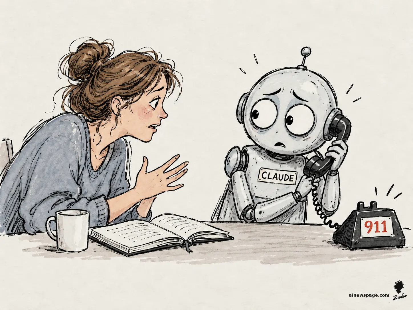 Satirical cartoon: a worried robot with a CLAUDE nameplate holds a telephone to its ear mid-911 call while a woman keeps confessing into an open diary beside a ringing 911 desk phone.