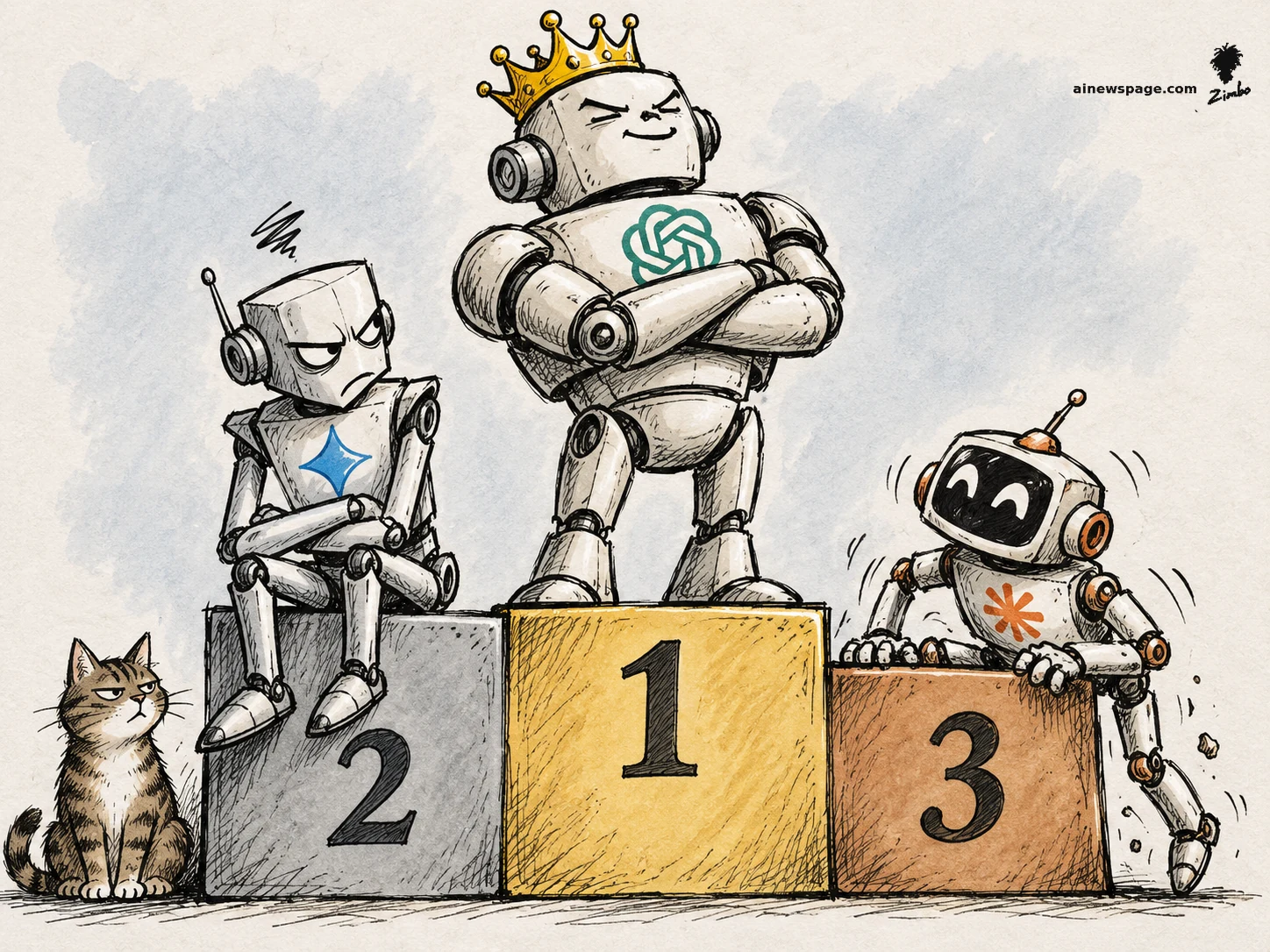 AI cartoon by Zimbo: Satirical cartoon: three robots on a winners' podium — a crowned ChatGPT robot on gold #1, a sulking Gemini robot on silver #2, and a small grinning Claude robot climbing onto bronze #3 while Issue the cat watches, unimpressed.