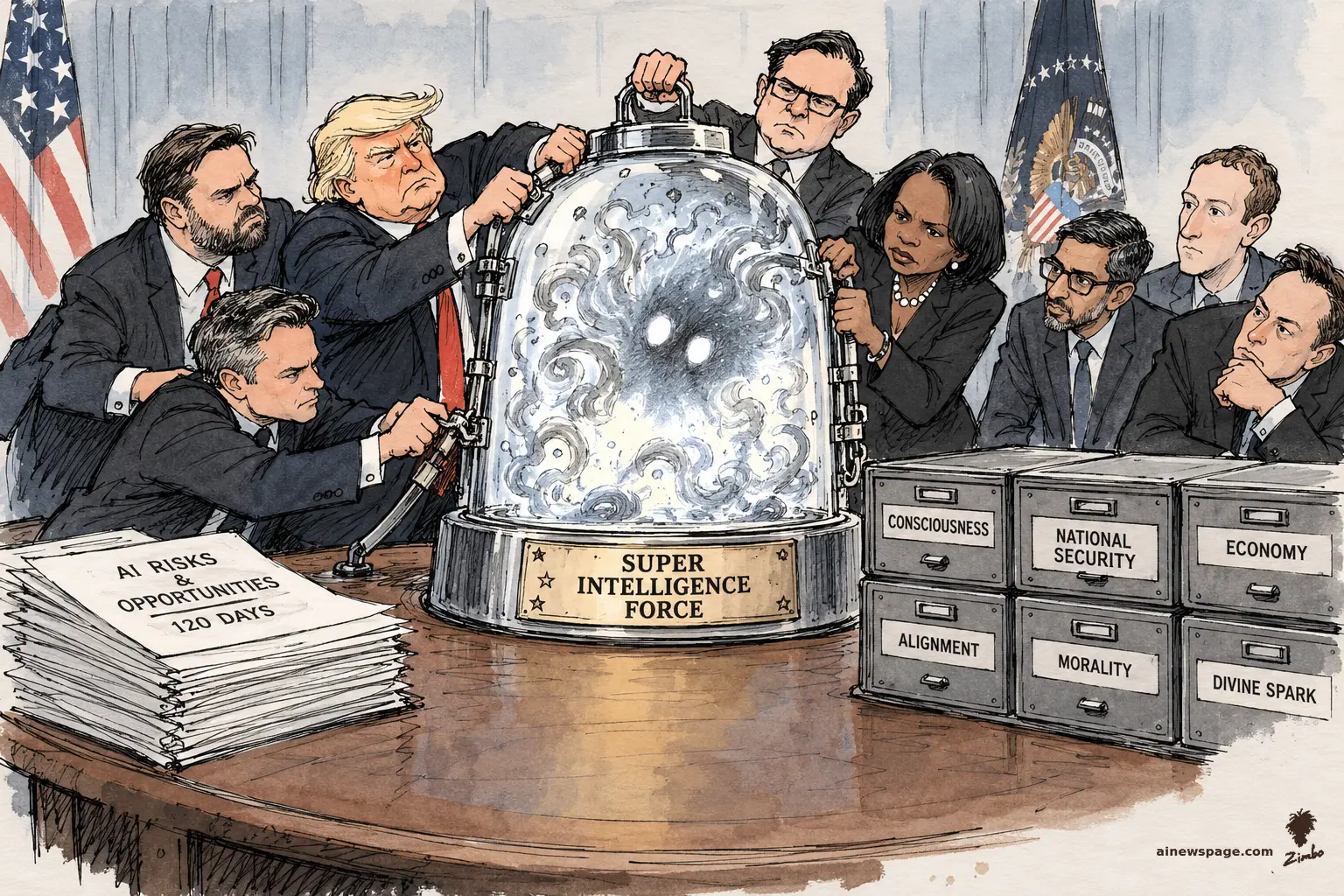 Satirical cartoon: world leaders including Trump, Vance, Hegseth, Rice and Sacks strain together to clamp a glass bell jar labeled SUPER INTELLIGENCE FORCE over a swirling AI cloud, beside file drawers marked CONSCIOUSNESS, NATIONAL SECURITY, ECONOMY, ALIGNMENT, MORALITY and DIVINE SPARK.