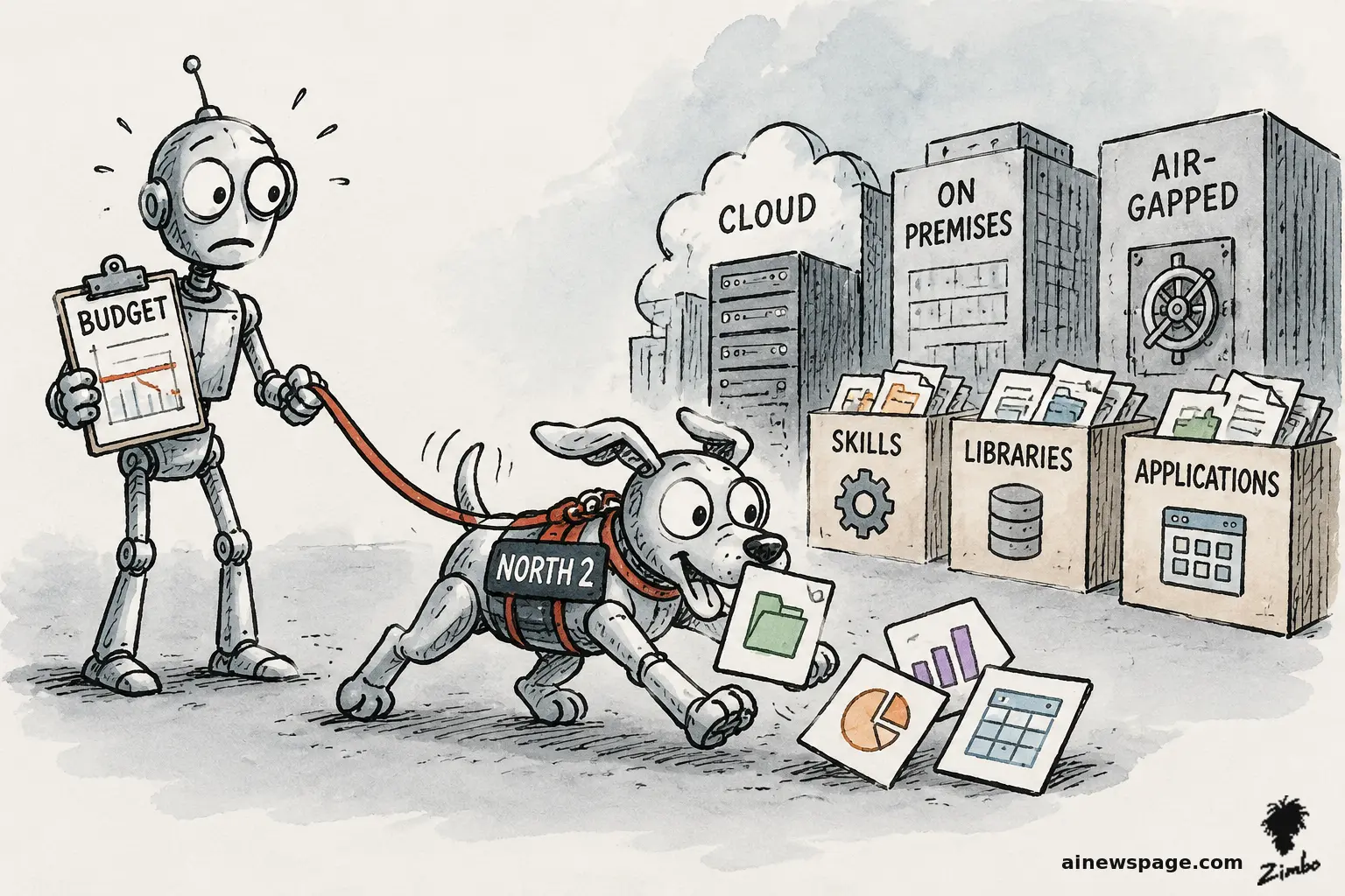 AI cartoon by Zimbo: Satirical cartoon: Merv clutches a BUDGET clipboard with a crashing red chart while holding a red leash on an eager robot dog wearing a NORTH 2 vest, fetching dashboard cards from crates labeled SKILLS, LIBRARIES and APPLICATIONS beneath CLOUD, ON PREMISES and AIR-GAPPED buildings.