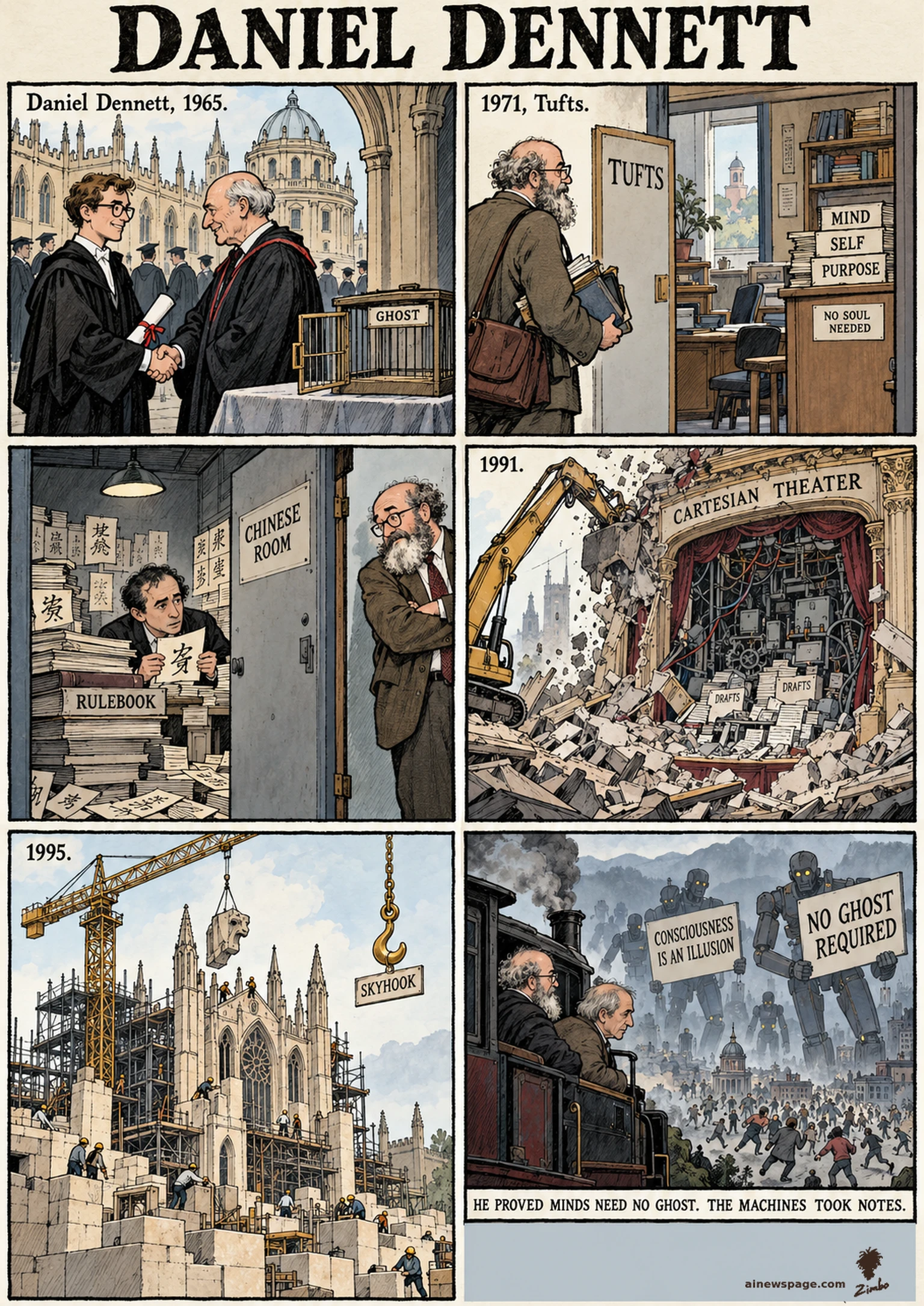 AI cartoon by Zimbo: Six-panel Dennett strip: 1965 Oxford DPhil under Ryle, empty GHOST cage; 1971 Tufts, NO SOUL NEEDED; the Chinese Room, Dennett shrugs; 1991 Cartesian Theater demolished; 1995 crane vs unused skyhook; finale: Dennett and Searle on a steam locomotive overlook robots with NO GHOST REQUIRED signs.